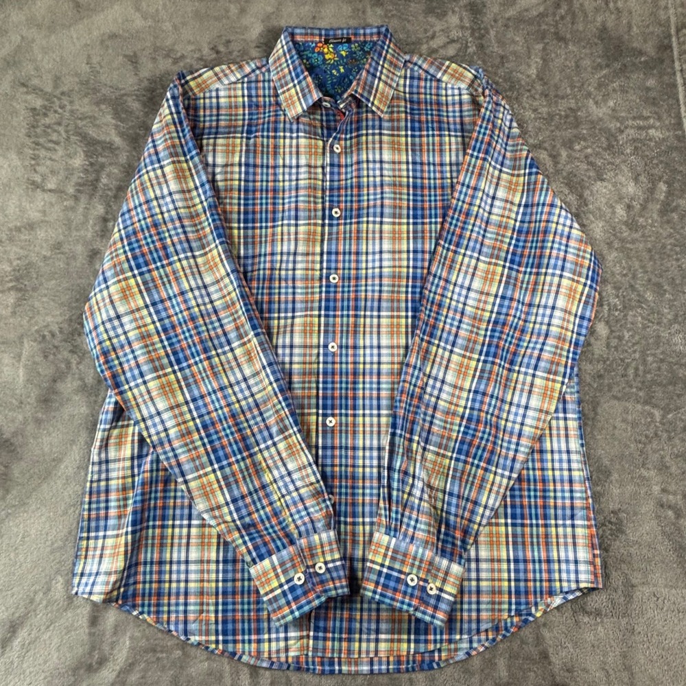 Bugatchi Uomo Mens Large Classic Fit Plaid Button Down Shirt Blue Orange Floral